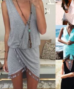 Women Sexy Bikini Cover Up Deep V-neck Beach Dress Tassel Tunic Sarong Swimwear Beachwear Summer Dresses