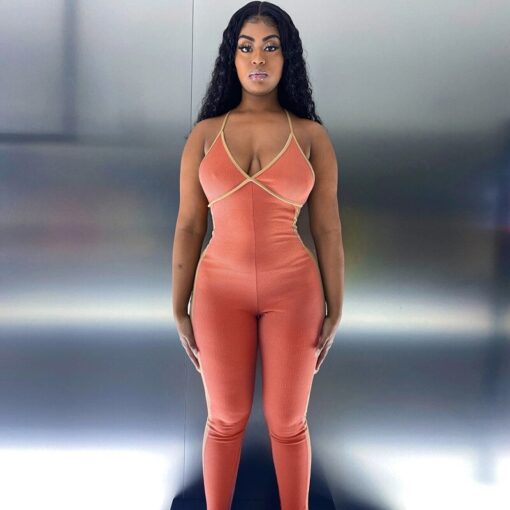 BOOFEENAA V Neck Backless Ribbed Bodycon Rompers Sports Fitness Jumpsuits for Women 2020 Sexy One Piece Outfits C16-CZ31