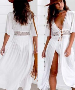 3XL Plus Size Summer Sexy Women Beach Cover Up V Neck Dress Long Maxi Dress Tunic Pareo Robe Swimwear Bathing Suit Beachwear