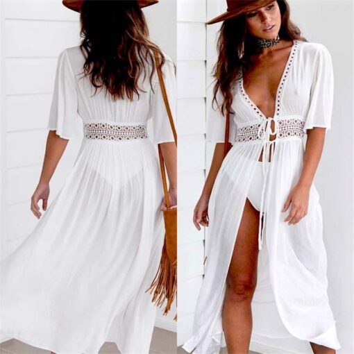 3XL Plus Size Summer Sexy Women Beach Cover Up V Neck Dress Long Maxi Dress Tunic Pareo Robe Swimwear Bathing Suit Beachwear