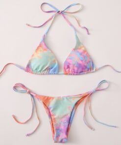 2020 Tie Dye Bikini Women Rainbow Swimsuit Lace Up Bandage Two Piece Bathing Suits Thong Bikini Set Swimwear Biquini Feminino
