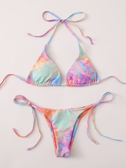 2020 Tie Dye Bikini Women Rainbow Swimsuit Lace Up Bandage Two Piece Bathing Suits Thong Bikini Set Swimwear Biquini Feminino