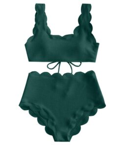Women Scalloped Textured High Waist Bikini Set Solid Two Pieces Push Up Beach Bathing Suits Swimwear Lace Biquinis Bathing Suits