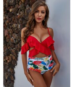 2020 New Sexy Ruffle High Waist Bikini Swimwear Women Swimsuit Cross Bikini Set Off The Shoulder Bathing Suits Summer Beach Wear