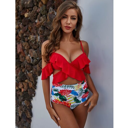 2020 New Sexy Ruffle High Waist Bikini Swimwear Women Swimsuit Cross Bikini Set Off The Shoulder Bathing Suits Summer Beach Wear