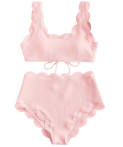 Women Scalloped Textured High Waist Bikini Set Solid Two Pieces Push Up Beach Bathing Suits Swimwear Lace Biquinis Bathing Suits