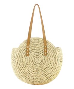 Round Straw Beach Bag Vintage Handmade Woven Shoulder Bag Raffia circle Rattan bags Bohemian Summer Vacation Casual Bags##