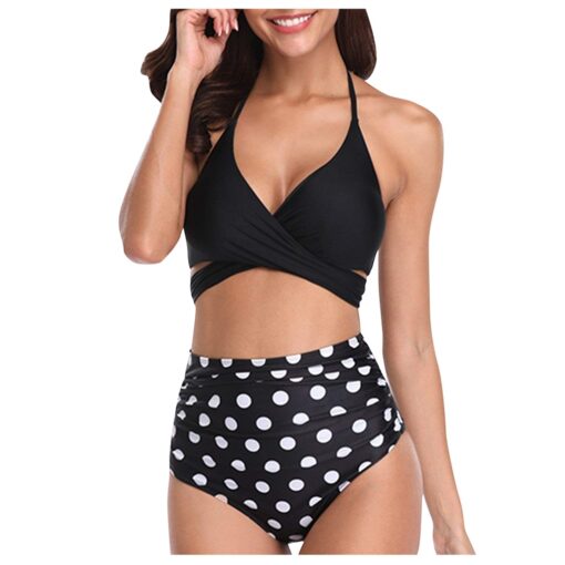 Bikini Women Black Bandage Swimsuit Halter Bandage Wrap Bikini Set Push-Up Ruched High Waist Swimwear Pure color Bikini#G40