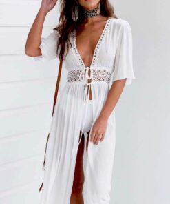 3XL Plus Size Summer Sexy Women Beach Cover Up V Neck Dress Long Maxi Dress Tunic Pareo Robe Swimwear Bathing Suit Beachwear