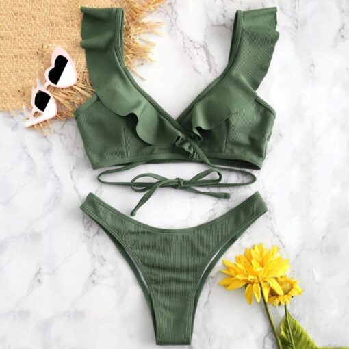 Women Bikini Swimming Set Ruffled Halter High Waist Sexy 2020 Femme Padded Swimwear High Waist Bathing Swimsuit Beachwear#30