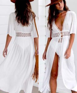 3XL Plus Size Summer Sexy Women Beach Cover Up V Neck Dress Long Maxi Dress Tunic Pareo Robe Swimwear Bathing Suit Beachwear