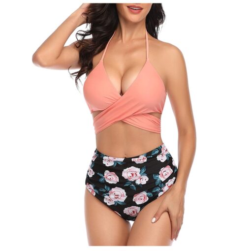 Bikini Women Black Bandage Swimsuit Halter Bandage Wrap Bikini Set Push-Up Ruched High Waist Swimwear Pure color Bikini#G40