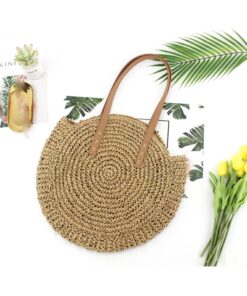 Round Straw Beach Bag Vintage Handmade Woven Shoulder Bag Raffia circle Rattan bags Bohemian Summer Vacation Casual Bags##