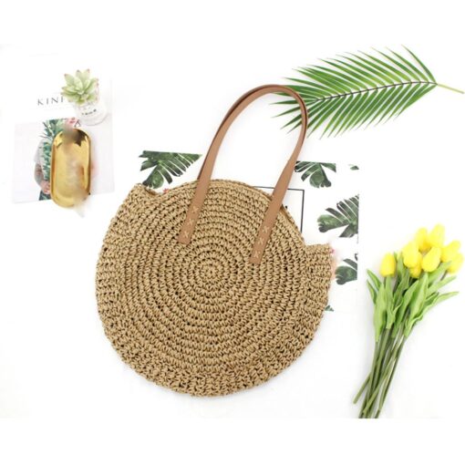 Round Straw Beach Bag Vintage Handmade Woven Shoulder Bag Raffia circle Rattan bags Bohemian Summer Vacation Casual Bags##