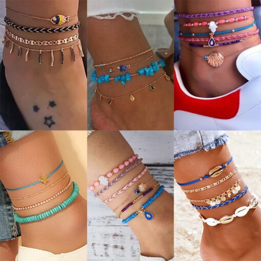 Bohemian Shell Stone Anklets Set for Women Multicolor Braided Beach Wtar Drop Crystal Feet Leg Chain Summer Jewelry Accessories
