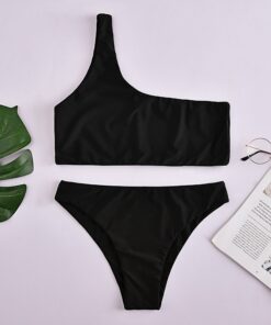 Women Swimwear Push Up Swimsuit One Shoulder Solid Black Red Brazilian Bikini Set 2020 Biquini Bathing Suit Beach Swimming Suit