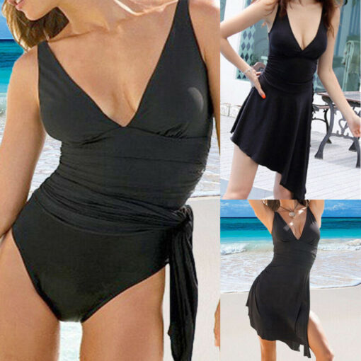 Brand New Women Summer V-neck Swimsuit Female Solid Color Beach Swimwear Push-up Bandage Bikini Mini Dress Outfits Plus Size