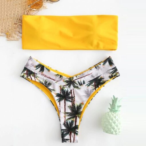 Bandeau Strapless Sexy Bikini Set Coconut Flora Print Padded Swimwear Women Swimsuit Bikini Set Beachwear Biquini Micro Bikini