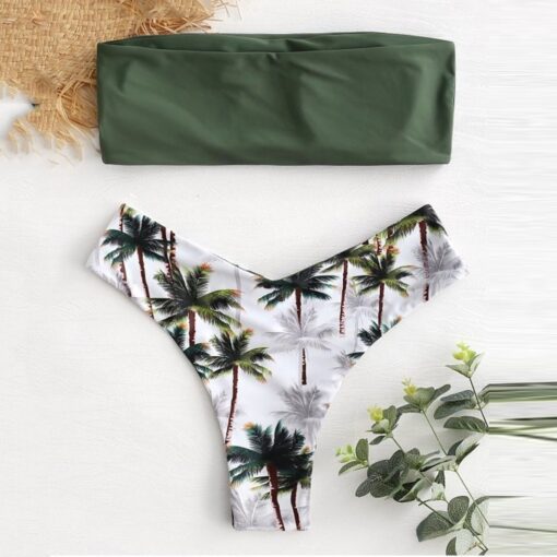 Bandeau Strapless Sexy Bikini Set Coconut Flora Print Padded Swimwear Women Swimsuit Bikini Set Beachwear Biquini Micro Bikini