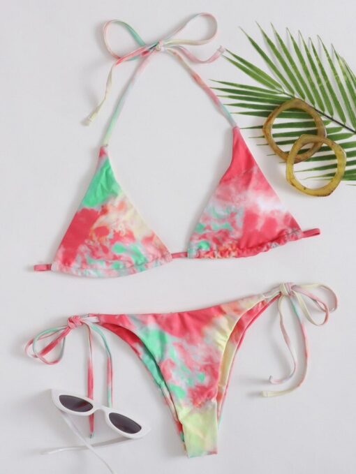 2020 Tie Dye Bikini Women Rainbow Swimsuit Lace Up Bandage Two Piece Bathing Suits Thong Bikini Set Swimwear Biquini Feminino