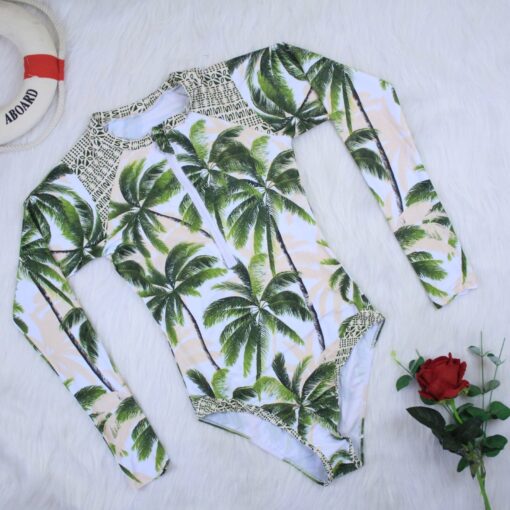 купальник женский 2020 new one piece swimsuit Women Summer Surf Beach Leaf Long Sleeve Swimwear Beachwear Siamese Swimsuit