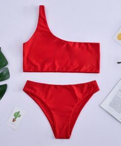 Women Swimwear Push Up Swimsuit One Shoulder Solid Black Red Brazilian Bikini Set 2020 Biquini Bathing Suit Beach Swimming Suit