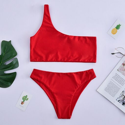Women Swimwear Push Up Swimsuit One Shoulder Solid Black Red Brazilian Bikini Set 2020 Biquini Bathing Suit Beach Swimming Suit