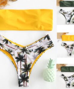 Bandeau Strapless Sexy Bikini Set Coconut Flora Print Padded Swimwear Women Swimsuit Bikini Set Beachwear Biquini Micro Bikini