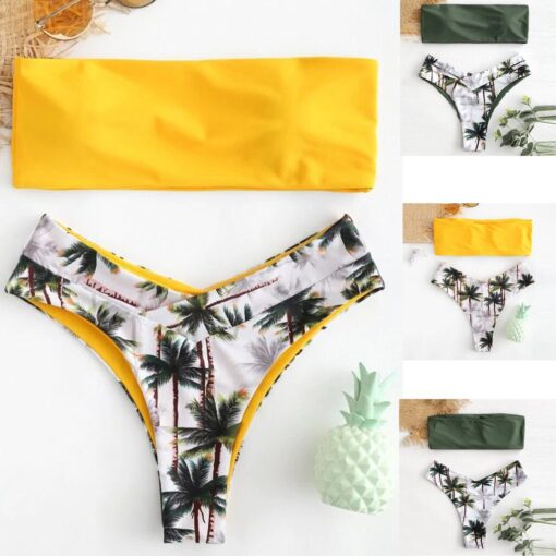 Bandeau Strapless Sexy Bikini Set Coconut Flora Print Padded Swimwear Women Swimsuit Bikini Set Beachwear Biquini Micro Bikini