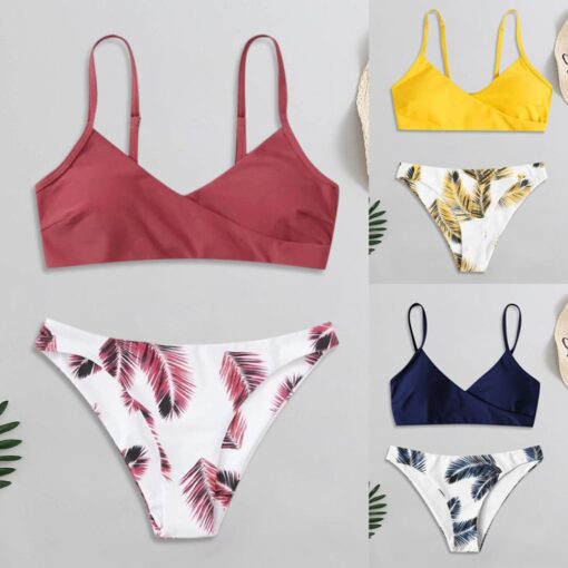 2020 Women's Sexy Fashion Swimwear Leaf Print Split Swimwear Bikini Yellow Plus Size Bikini Set Two Pieces Swimsuit