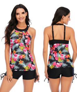 2020 New Women Tankini Swim Skirt With Shorts Floral Printing Two Piece Bathing Suit X-Back Push up SwimwearTop with Short Pant