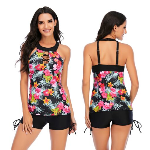 2020 New Women Tankini Swim Skirt With Shorts Floral Printing Two Piece Bathing Suit X-Back Push up SwimwearTop with Short Pant