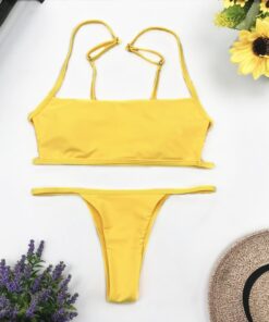 New Yellow Sexy Brazilian String Thong Bikini Women Bandeau Push Up Swimsuit Beach Swimwear Swim Bathing Suit Girl Swimming Suit