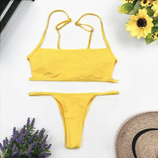 New Yellow Sexy Brazilian String Thong Bikini Women Bandeau Push Up Swimsuit Beach Swimwear Swim Bathing Suit Girl Swimming Suit