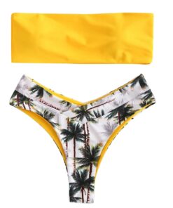 Bandeau Strapless Sexy Bikini Set Coconut Flora Print Padded Swimwear Women Swimsuit Bikini Set Beachwear Biquini Micro Bikini