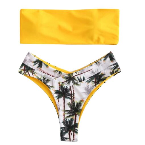 Bandeau Strapless Sexy Bikini Set Coconut Flora Print Padded Swimwear Women Swimsuit Bikini Set Beachwear Biquini Micro Bikini