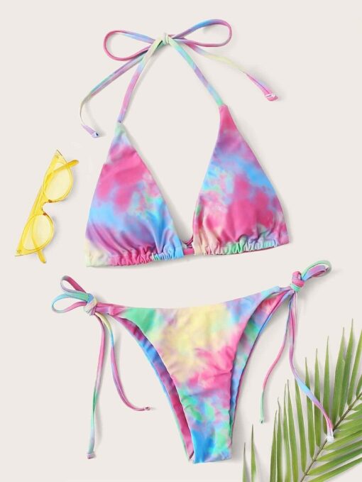 2020 Tie Dye Bikini Women Rainbow Swimsuit Lace Up Bandage Two Piece Bathing Suits Thong Bikini Set Swimwear Biquini Feminino