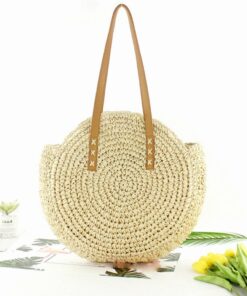 Round Straw Beach Bag Vintage Handmade Woven Shoulder Bag Raffia circle Rattan bags Bohemian Summer Vacation Casual Bags##