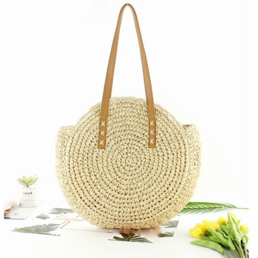 Round Straw Beach Bag Vintage Handmade Woven Shoulder Bag Raffia circle Rattan bags Bohemian Summer Vacation Casual Bags##
