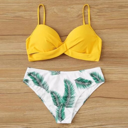 2020 Women's Sexy Fashion Swimwear Leaf Print Split Swimwear Bikini Yellow Plus Size Bikini Set Two Pieces Swimsuit