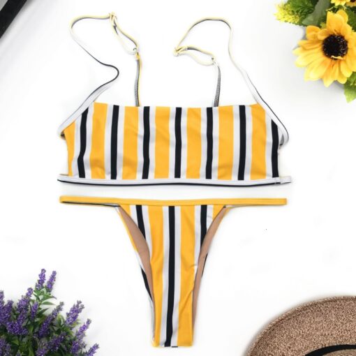New Yellow Sexy Brazilian String Thong Bikini Women Bandeau Push Up Swimsuit Beach Swimwear Swim Bathing Suit Girl Swimming Suit