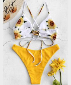Sunflower Printed Swimwear Women Brazilian Bikini Swimsuit Female Thong Bikini Set Bathing Suit Push Up Flower Biquini Swimsuit