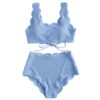 Women Scalloped Textured High Waist Bikini Set Solid Two Pieces Push Up Beach Bathing Suits Swimwear Lace Biquinis Bathing Suits