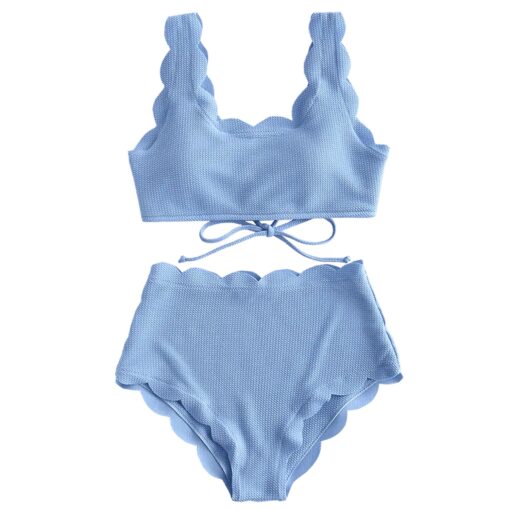 Women Scalloped Textured High Waist Bikini Set Solid Two Pieces Push Up Beach Bathing Suits Swimwear Lace Biquinis Bathing Suits
