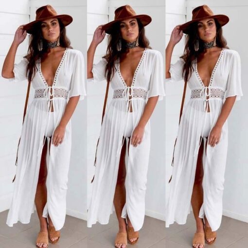 3XL Plus Size Summer Sexy Women Beach Cover Up V Neck Dress Long Maxi Dress Tunic Pareo Robe Swimwear Bathing Suit Beachwear