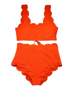 Women Scalloped Textured High Waist Bikini Set Solid Two Pieces Push Up Beach Bathing Suits Swimwear Lace Biquinis Bathing Suits