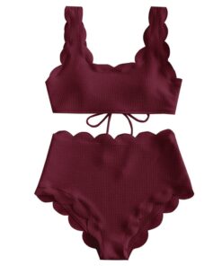 Women Scalloped Textured High Waist Bikini Set Solid Two Pieces Push Up Beach Bathing Suits Swimwear Lace Biquinis Bathing Suits
