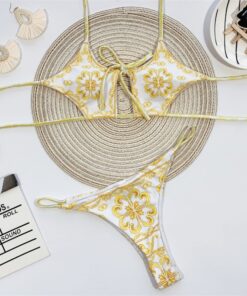 Bandage Swimsuit Women Two Piece Thong Bikini Mujer 2020 Sexy Hollow Out Print Bathing Suit Women Summer Halter Swimwear Biquini