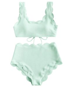 Women Scalloped Textured High Waist Bikini Set Solid Two Pieces Push Up Beach Bathing Suits Swimwear Lace Biquinis Bathing Suits