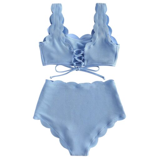 Women Scalloped Textured High Waist Bikini Set Solid Two Pieces Push Up Beach Bathing Suits Swimwear Lace Biquinis Bathing Suits